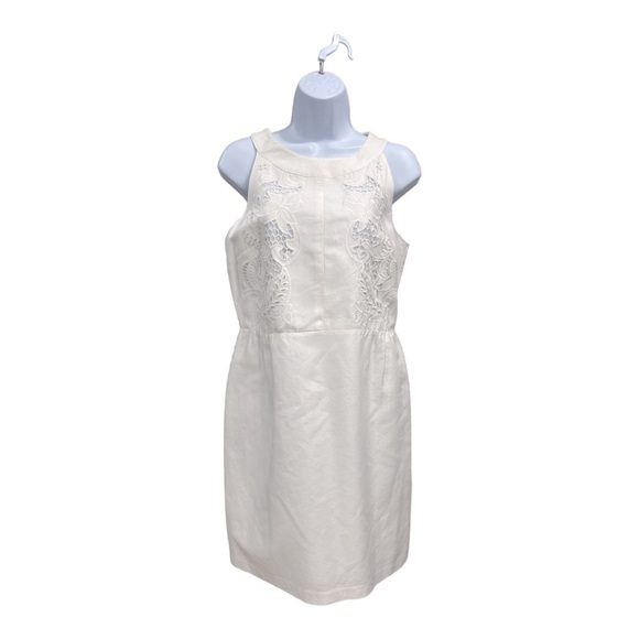 Loft White Linen Blend Shift Dress with Lace Overlay Detail Size 4 - Picture 2 of 10